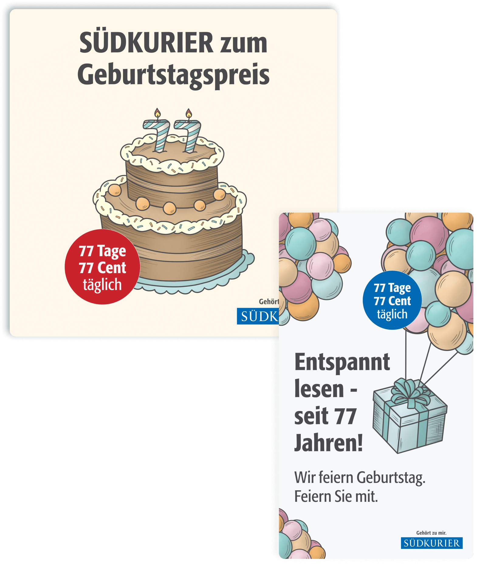 Custom illustration ad design in square and story format for SÜDKURIERs 77th Birthday campaign, highlighting vibrant birthday themes and promotional messaging.